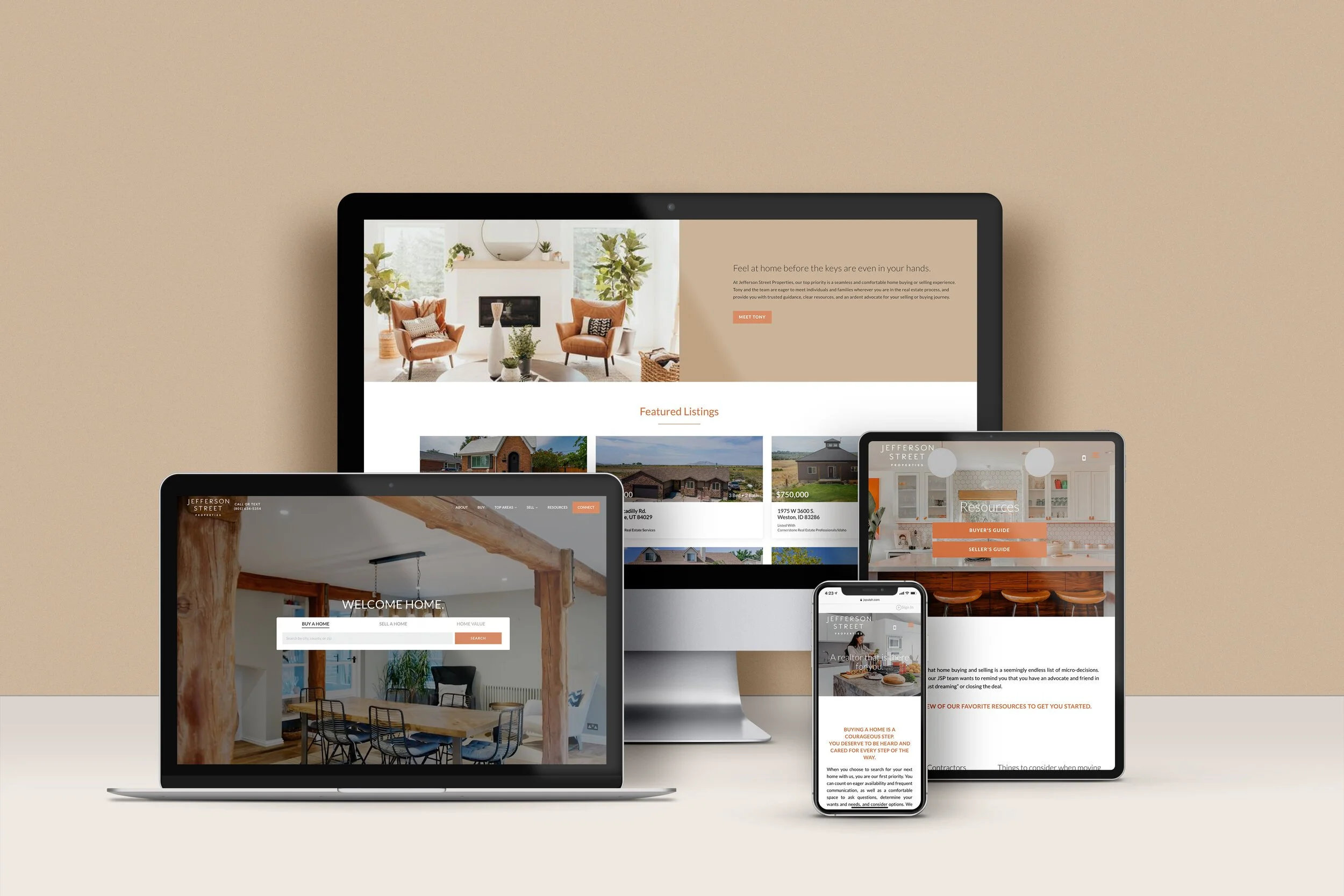 Web design for  Jefferson Street Properties showing responsive web design breakpoints.