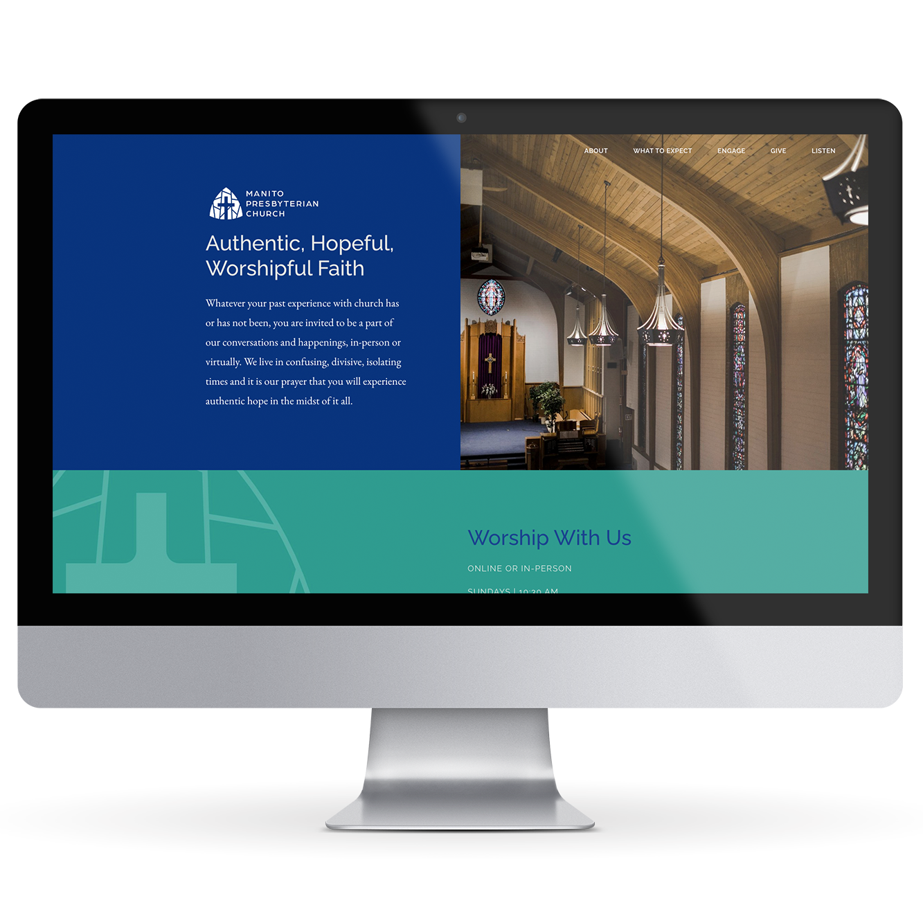 Manito Presbyterian Church landing page responsive design on an imac computer