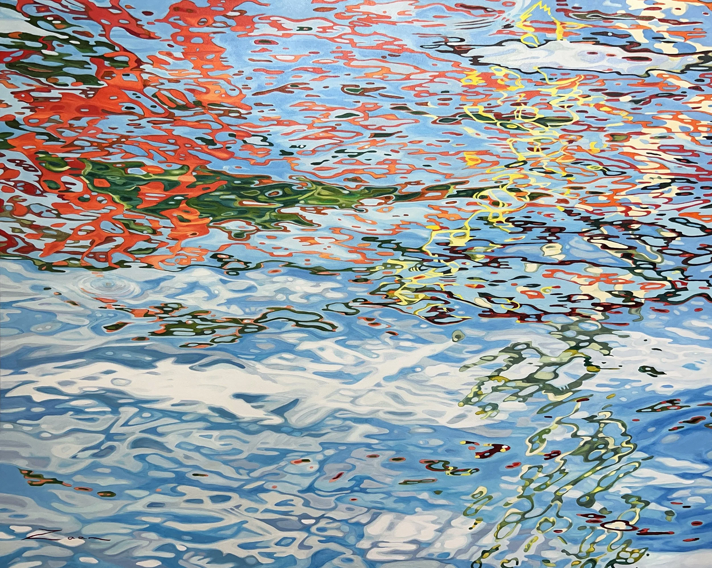 Large original oil painting of golden sunlight reflecting on rippling water, warm coral and turquoise tones, 150cm x 120cm by Zaan Claassens