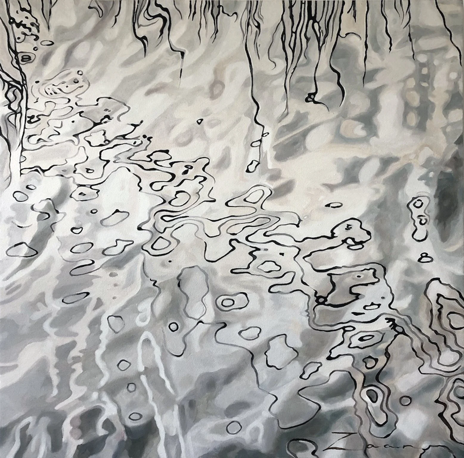 Square oil painting of reed reflections swaying in water, subtle tones and elegant marks, 100cm x 100cm by Zaan Claassens