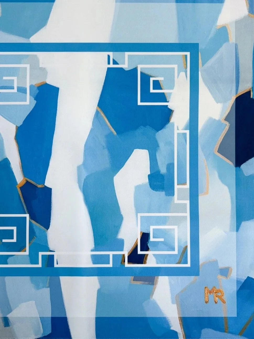 Abstract painting with shades of blue and white, geometric shapes, and a white human figure silhouette in the center. Gold details outline some shapes; the bottom right has the initials 'MR' in gold.