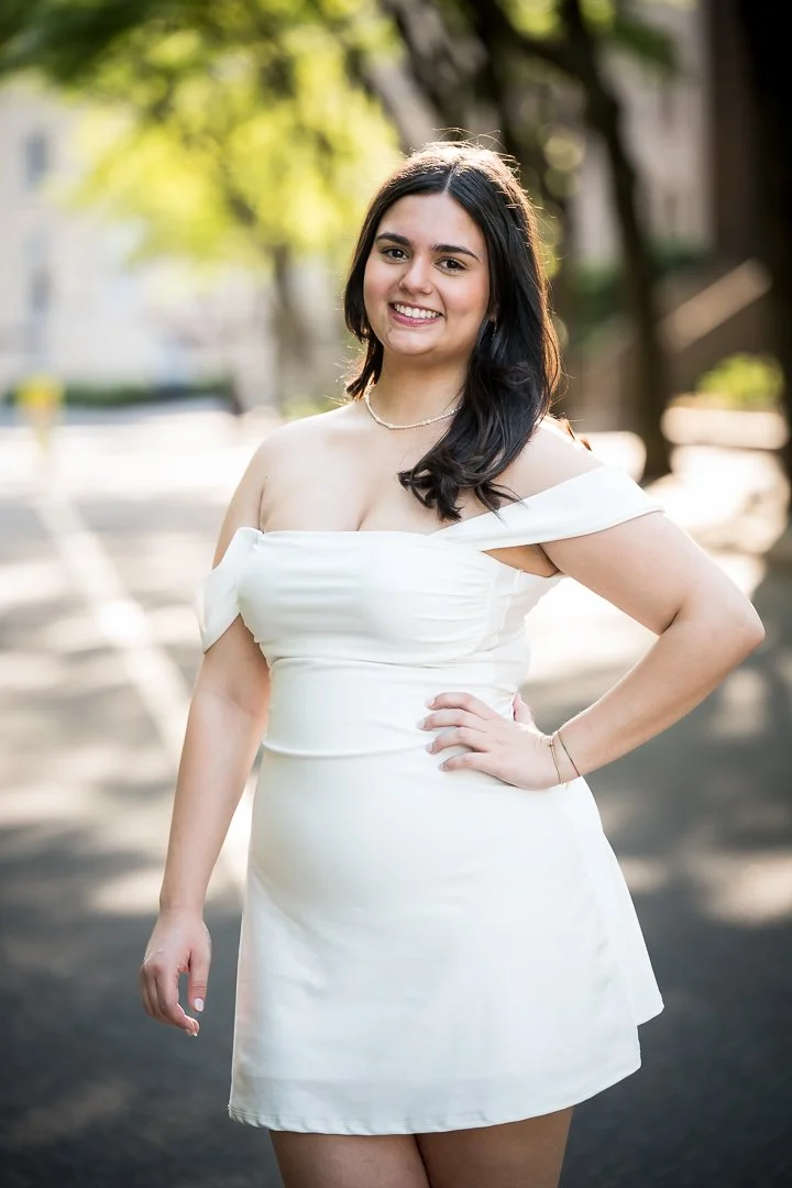  senior graduation photos of graduate in white dress in New Jersey 