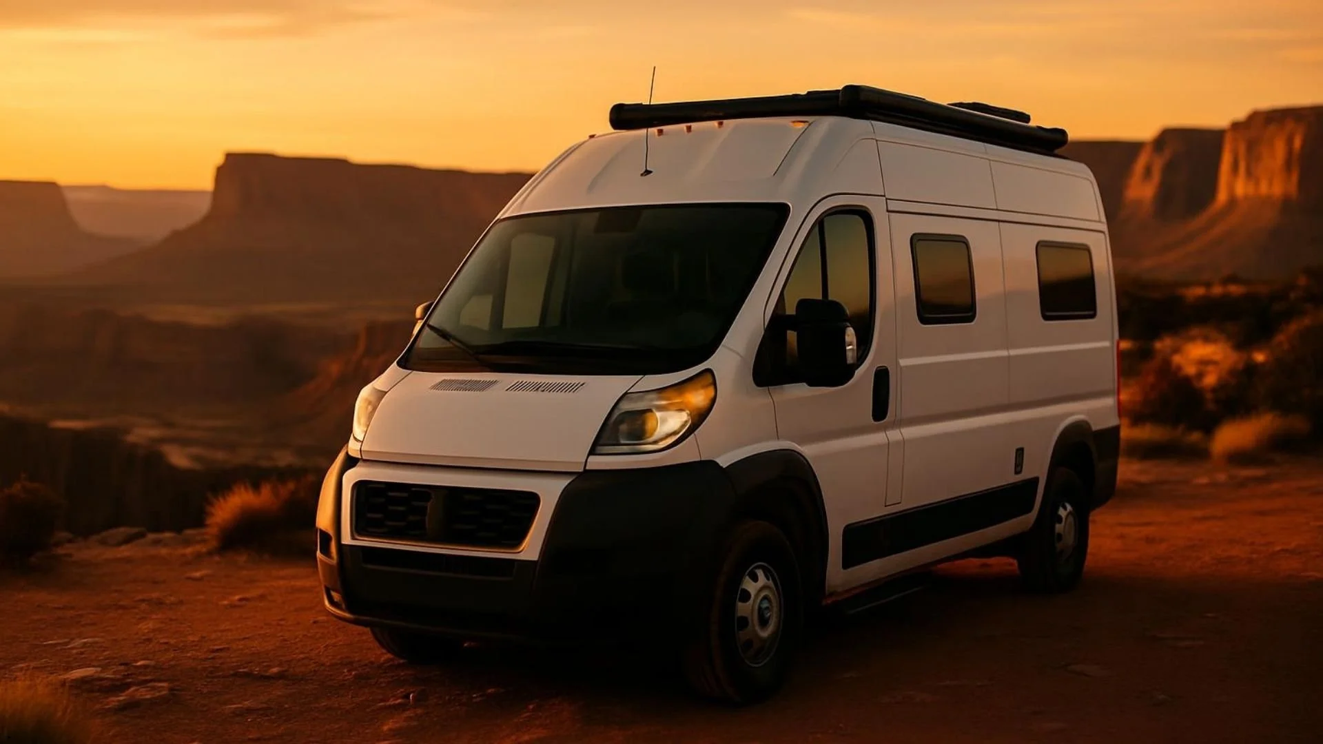 White Winnebago rental parked against a stunning sunset backdrop, perfect for your next adventurous road trip.