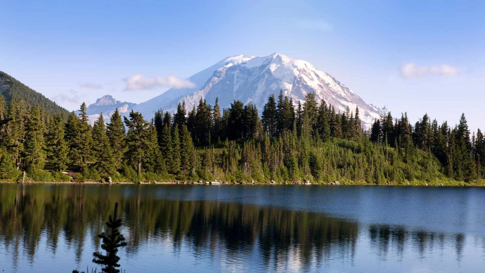 A calm alpine lake reflecting a dense evergreen forest and snow-capped mountain peak under a blue sky in Washington state, a top destination for camper van rental road trips.