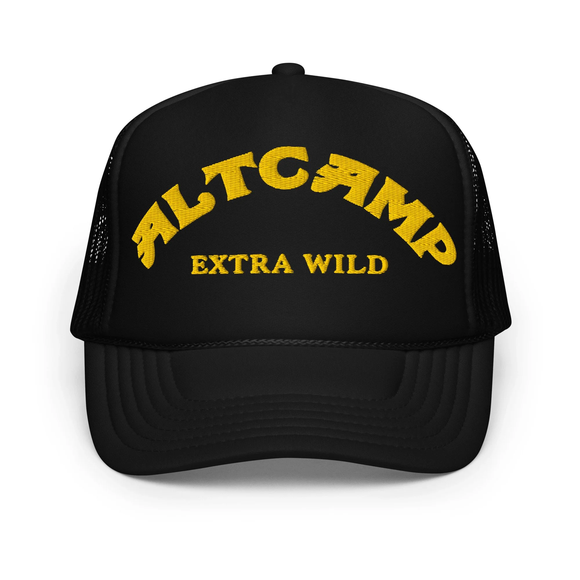 Black altCamp camel trucker hat with bold yellow logo and structured front panel