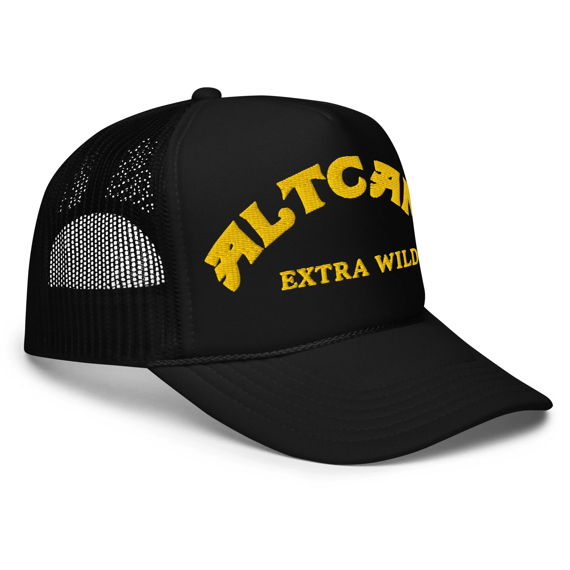 Angled view of black altCamp camel trucker hat with breathable mesh back and bold yellow logo