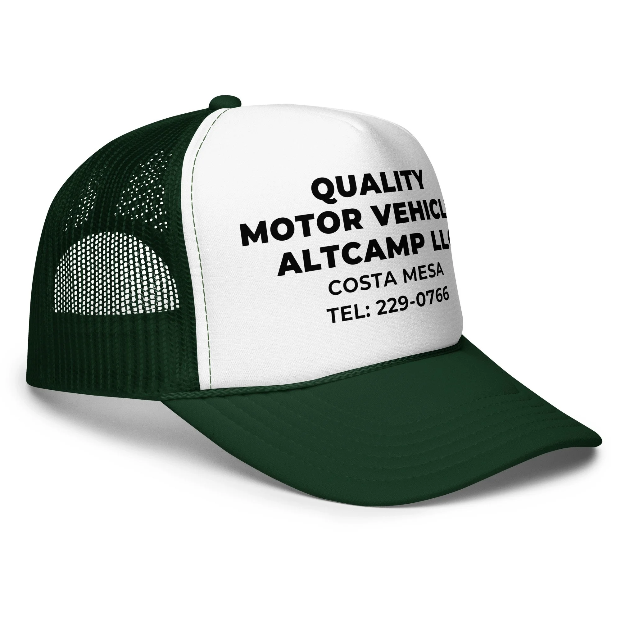 Angled view of green and white altCamp contractor trucker hat with breathable mesh back and structured fit