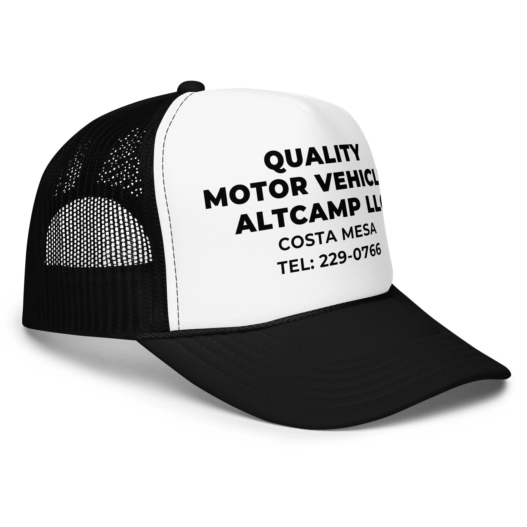 Angled view of black and white altCamp trucker hat with mesh back and structured fit
