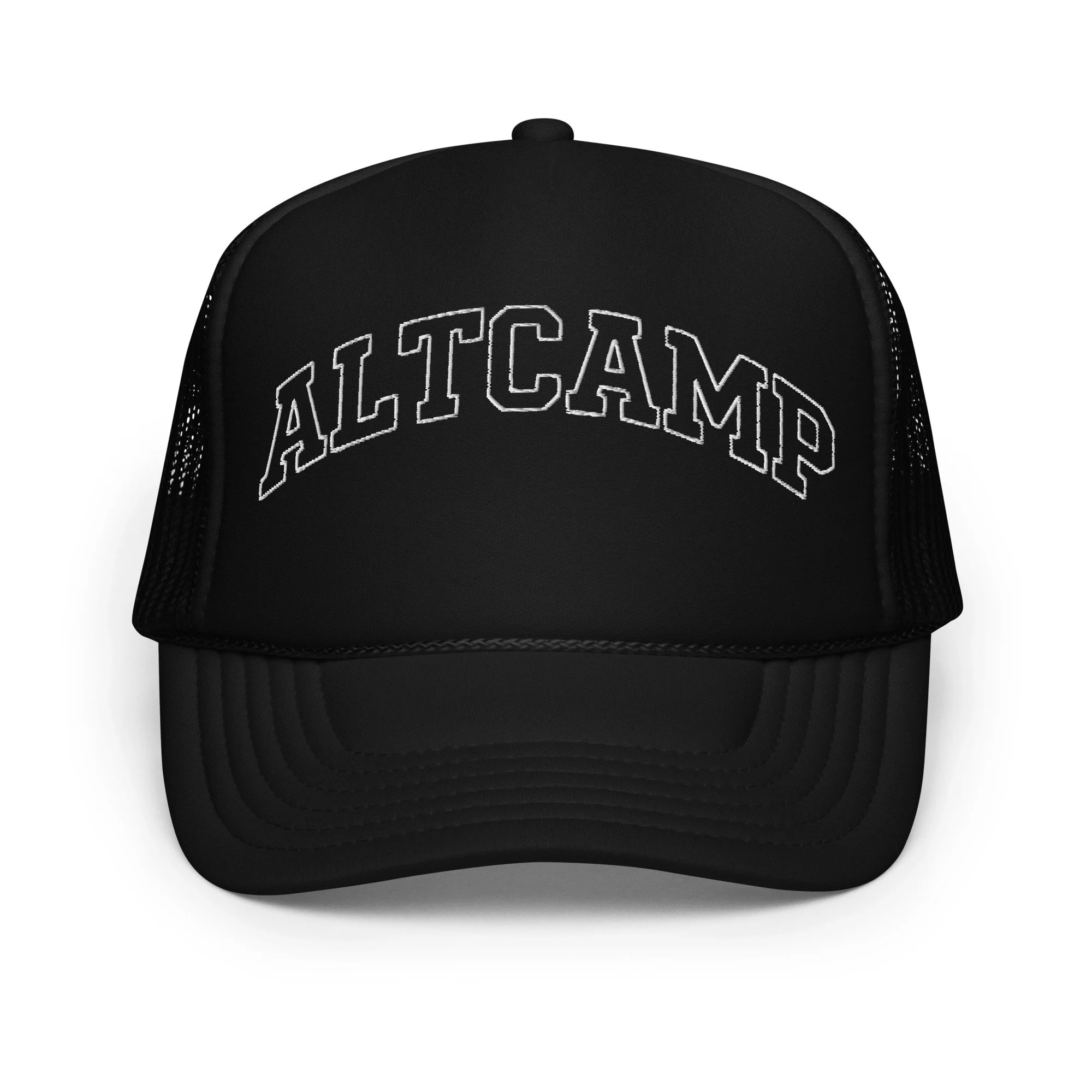 front of altCamp's Collegiate trucker hat in black.