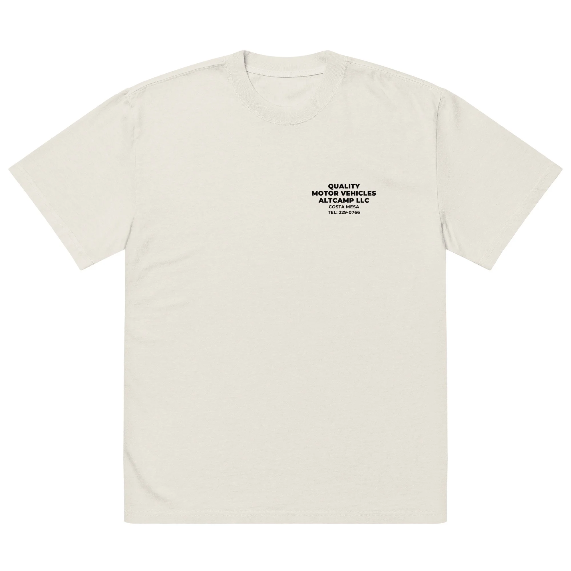Vintage white altCamp Contractor Tee with small left-chest “Quality Motor Vehicles” logo
