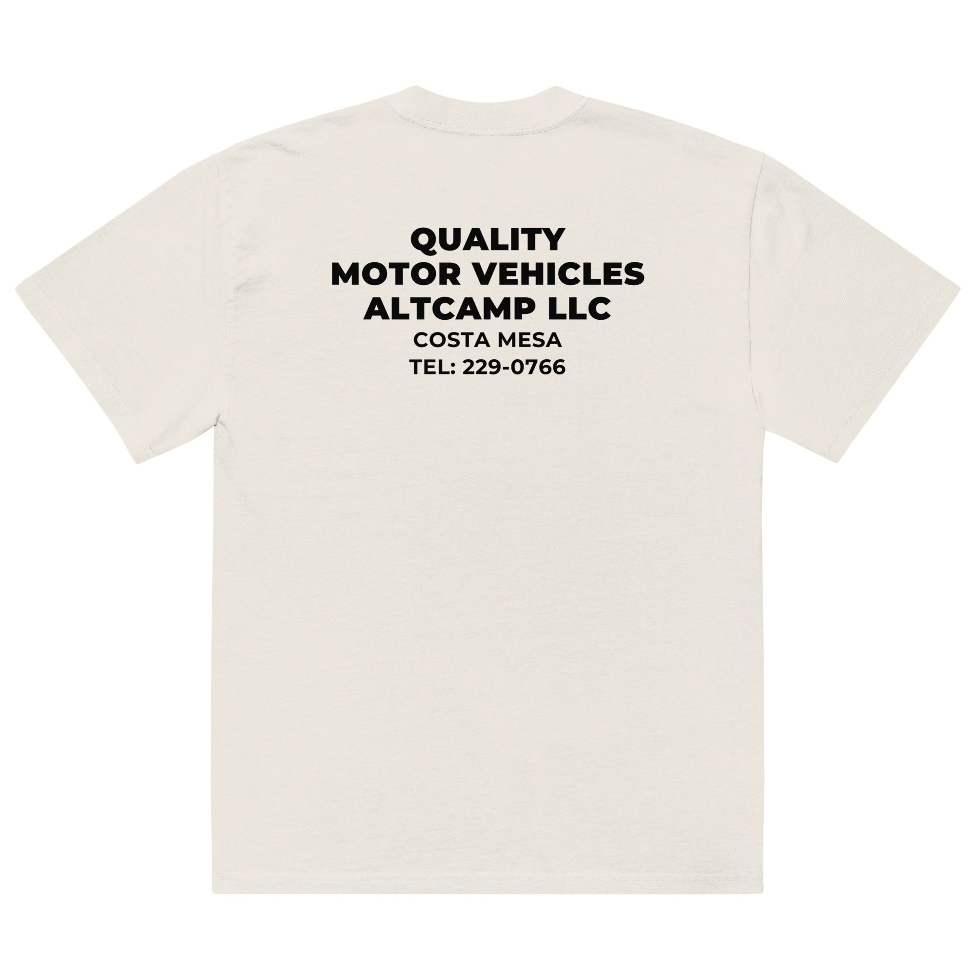 Vintage white altCamp Contractor Tee with large back print reading “Quality Motor Vehicles altCamp LLC, Costa Mesa, CA