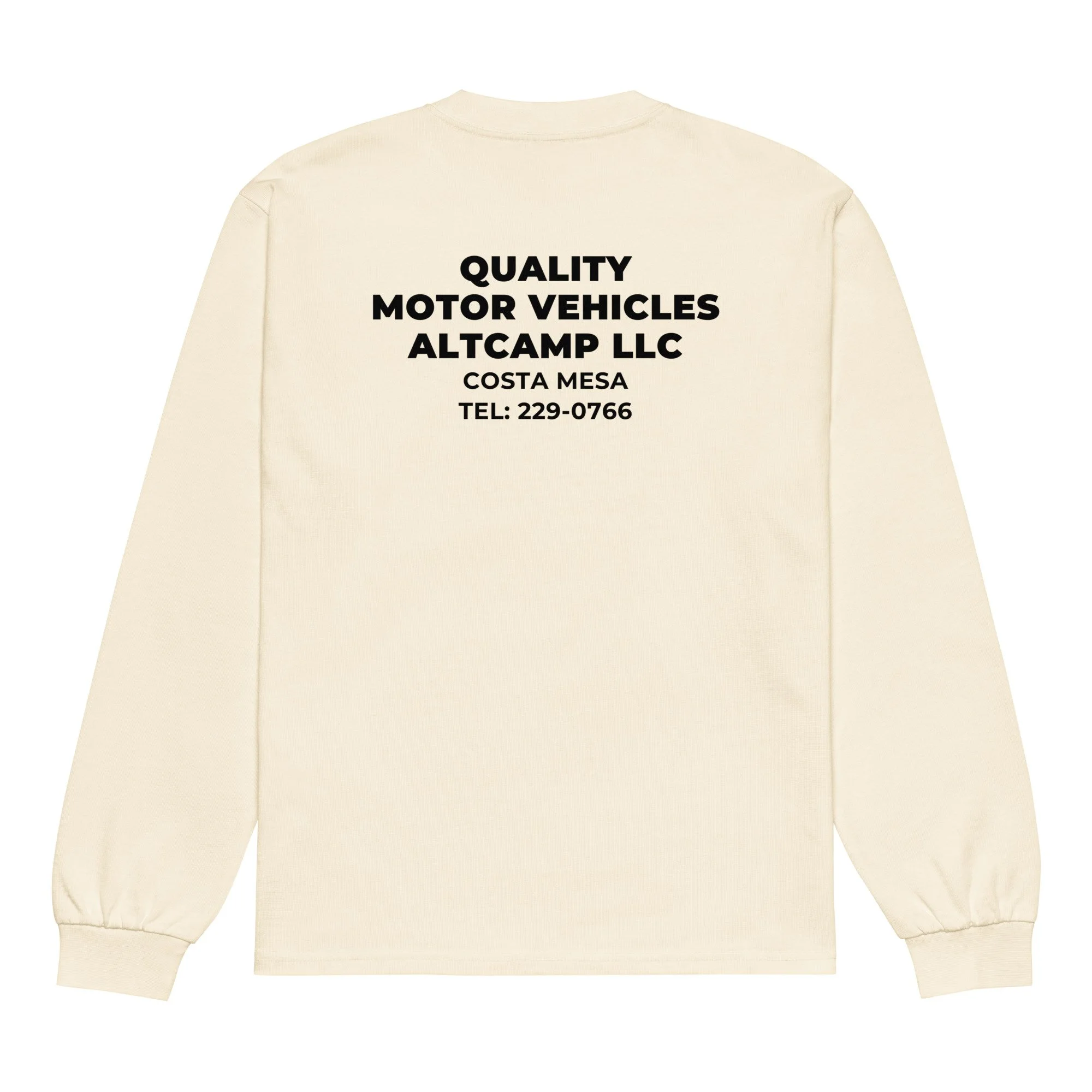 Bone altCamp Contractor Long Sleeve Tee with large back print reading “Quality Motor Vehicles altCamp LLC, Costa Mesa, CA