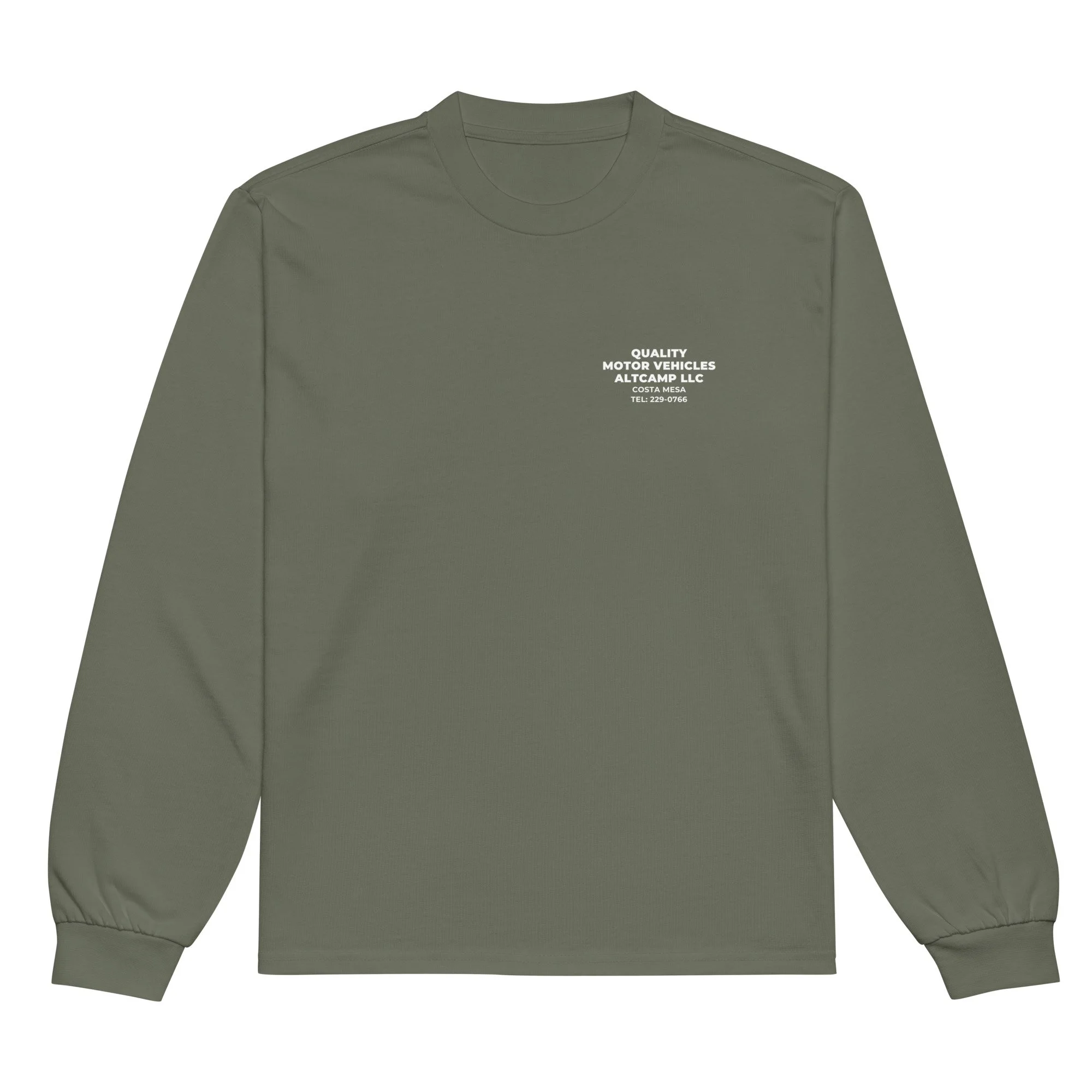 Olive altCamp Contractor Tee with small left-chest “Quality Motor Vehicles” logo