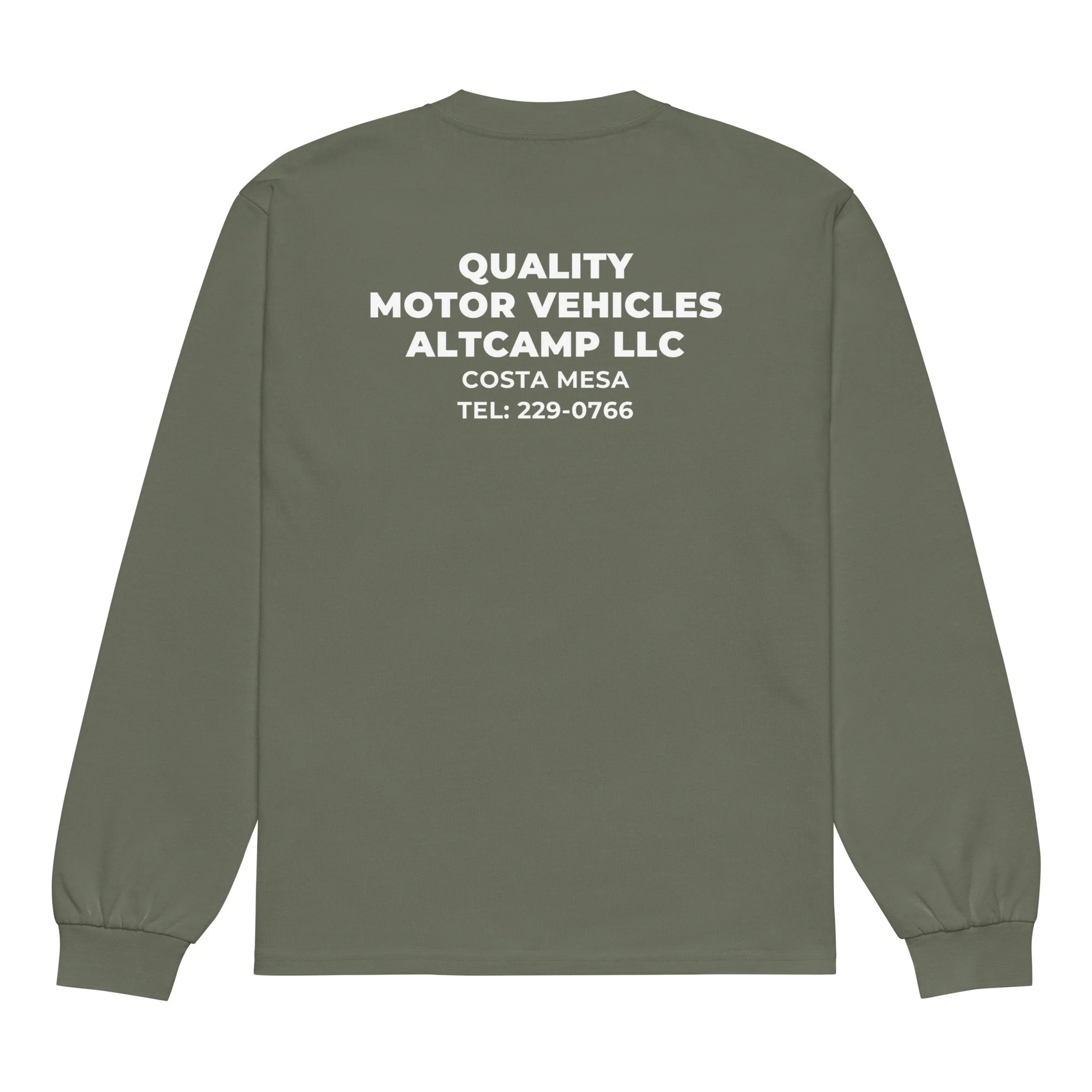 Olive altCamp Contractor Tee with large back print reading “Quality Motor Vehicles altCamp LLC, Costa Mesa, CA,