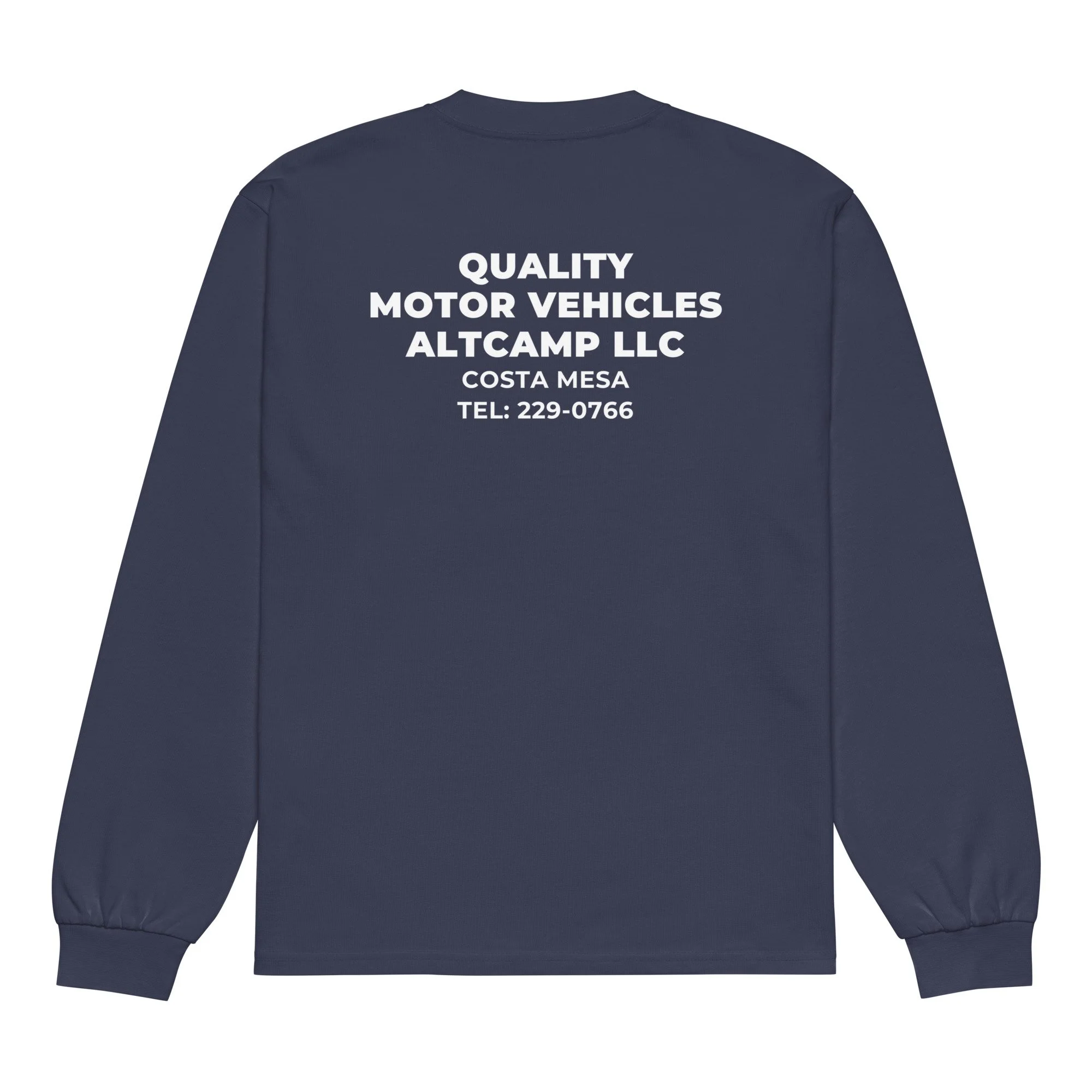 Navy altCamp Contractor Tee with large back print reading “Quality Motor Vehicles altCamp LLC, Costa Mesa, CA