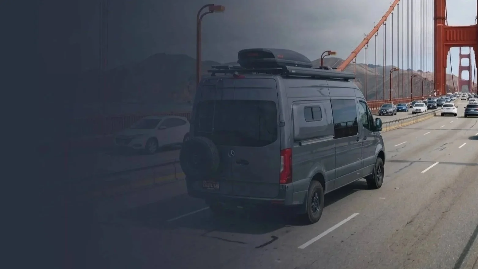 A Mercedes Sprinter rental on the golden gate bridge in San Francisco, CA.