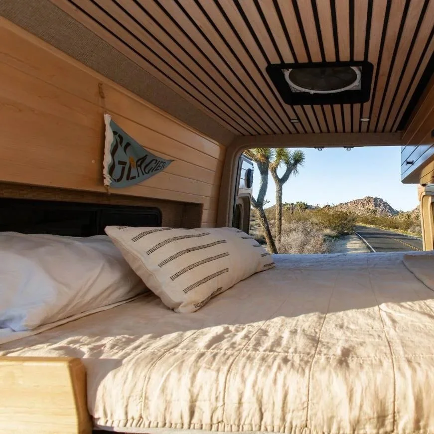 Camper van bed view at Joshua Tree.