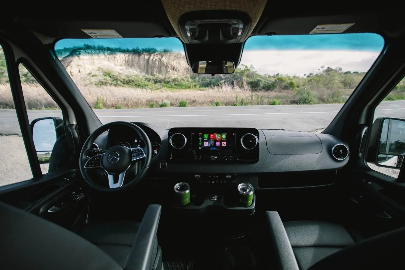 2023 Mercedes Sprinter driver cockpit with modern dashboard in luxury camper van