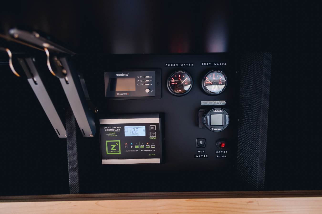 Off-grid power control panel inside premium Sprinter camper van conversion