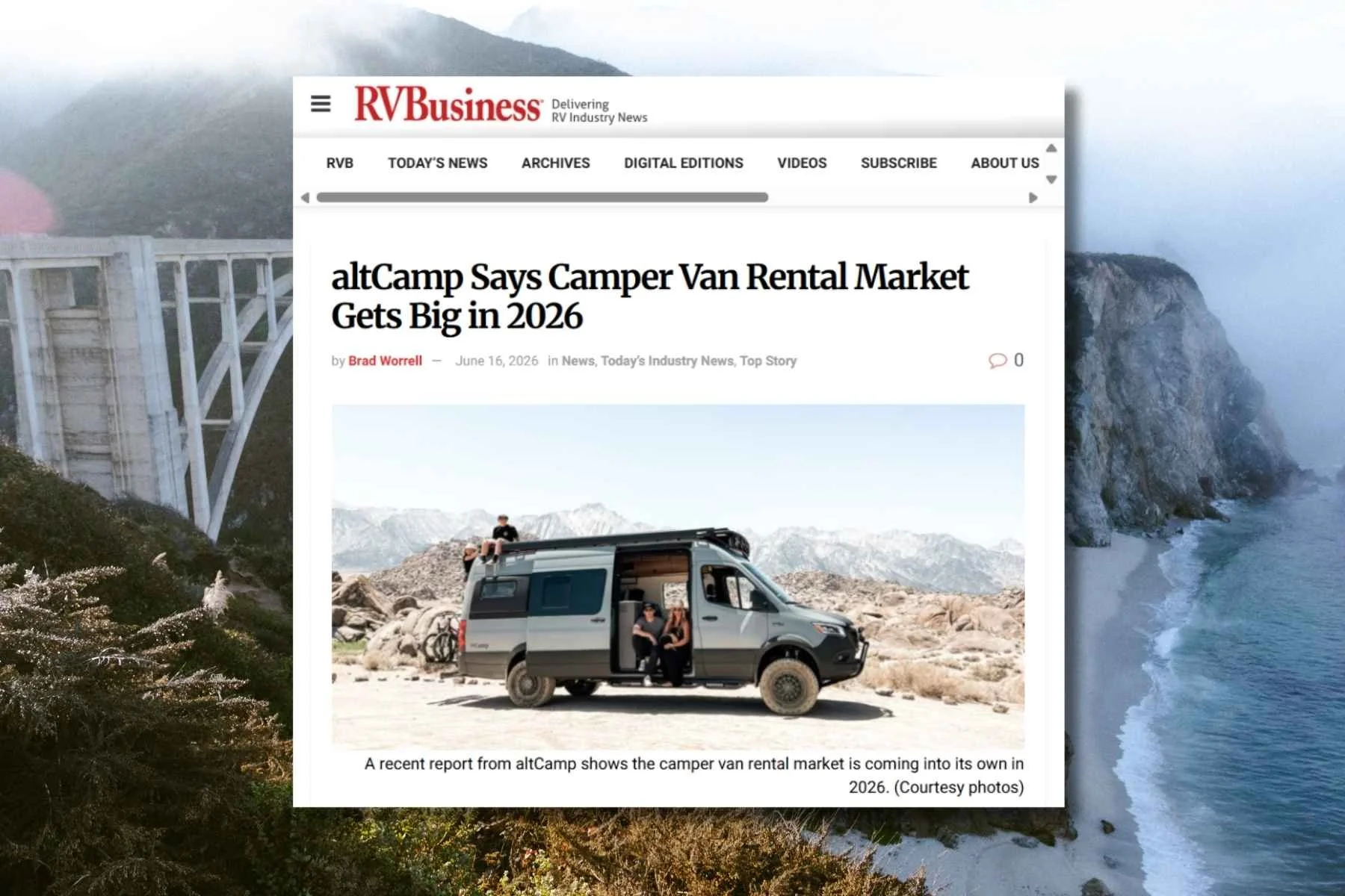 Screenshot of the RVBusiness feature "altCamp Says Camper Van Rental Market Gets Big in 2026," shown over a Big Sur coastal backdrop, with a camper van parked in the mountains.