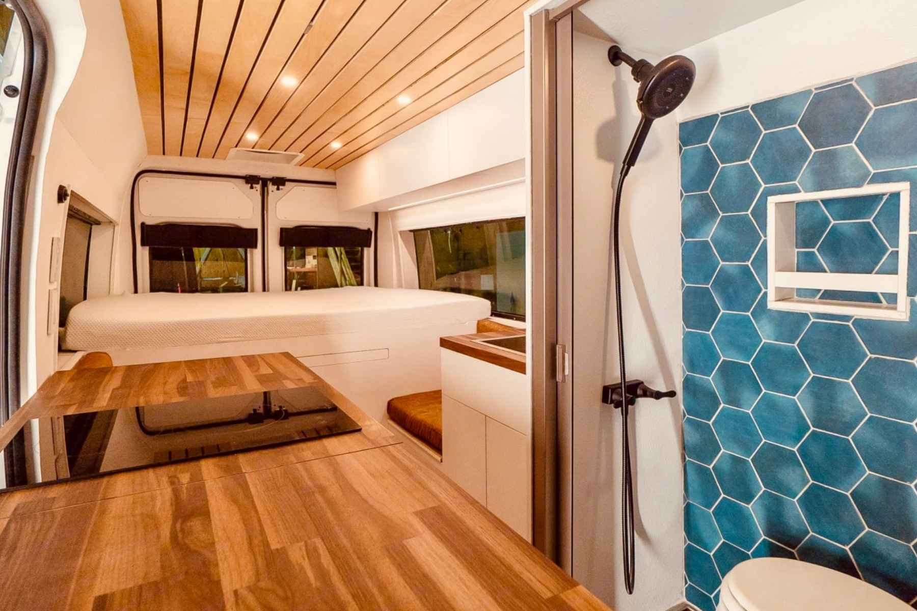 Best camper van with indoor shower and luxury bathroom for off-grid travel.