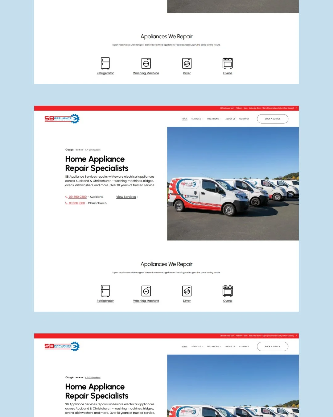 A website should reflect the reputation that's already been earned. 

SB Appliance Servicing has spent more than 10 years building trust across Auckland and newly launched in Christchurch, with over 240 Google reviews from customers who know they can