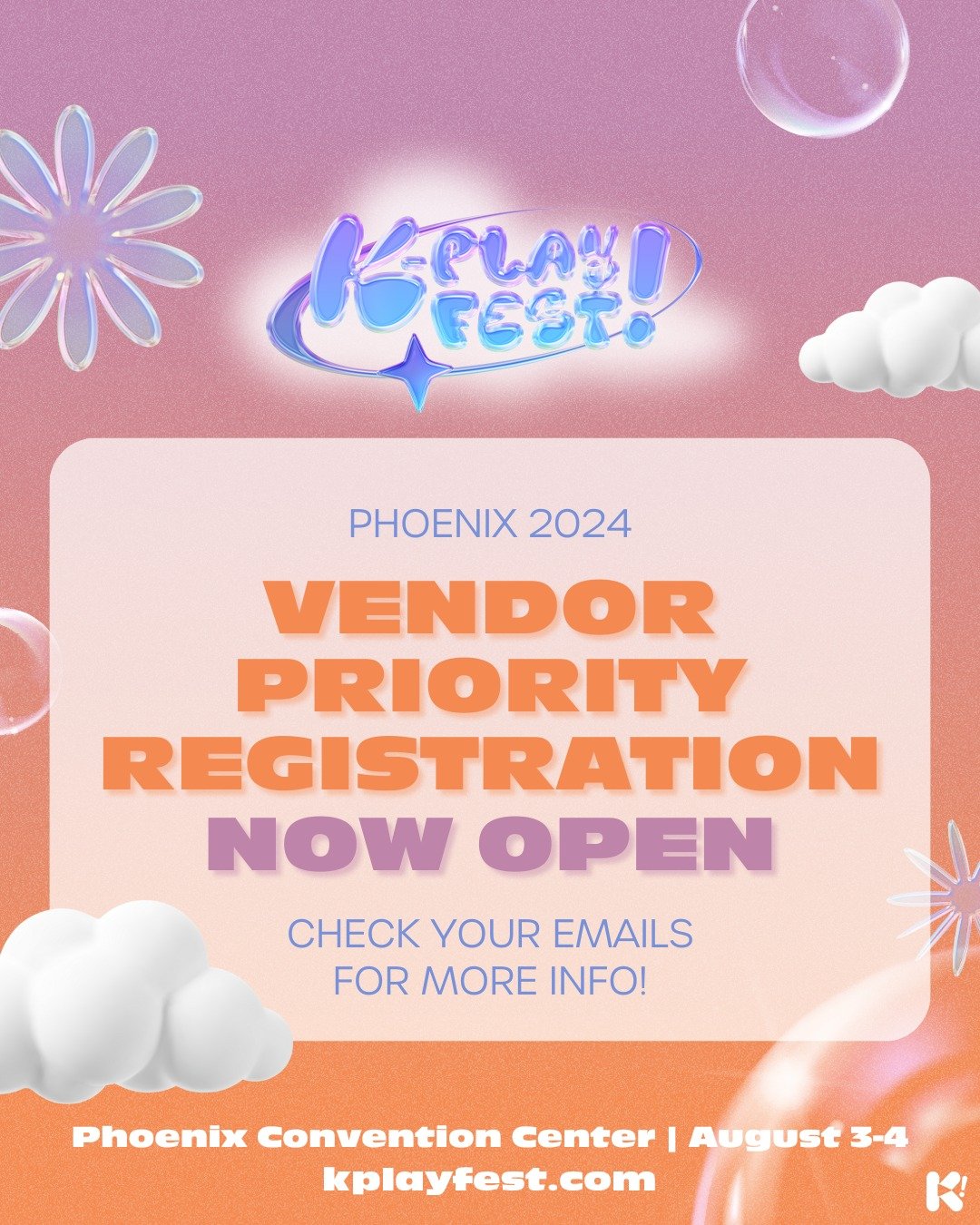 👋HEY VENDORS👋 Vendor Priority Registration for #kplayfestphoenix is now OPEN! 🤩 If you&rsquo;ve received an email ✉️ from us regarding priority registration, now is the time to SECURE YOUR SPOT! 🔒 

⭐️ Visit kplayfest.com for more information ⭐️
