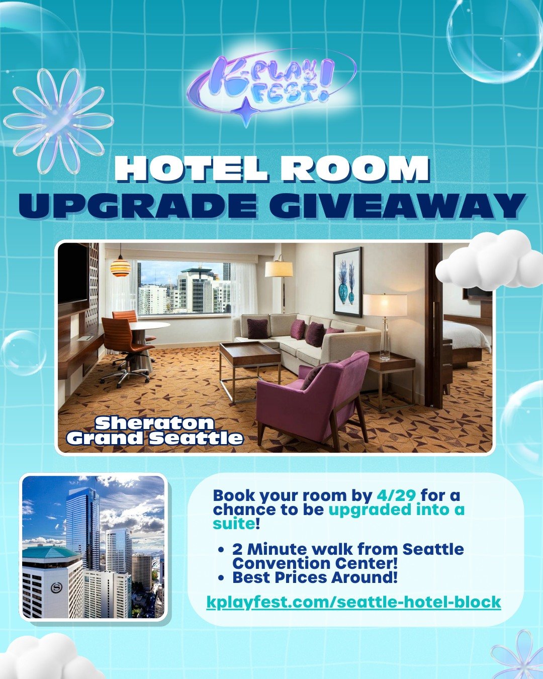 🚪 Knock on my door 💕 K-Players! We have a little special opportunity for you ✨ If you book your hotel room (using our hotel block 😉) by April 29th, you will have a chance for your room to be UPGRADED! 

Already booked your room? No worries at all,