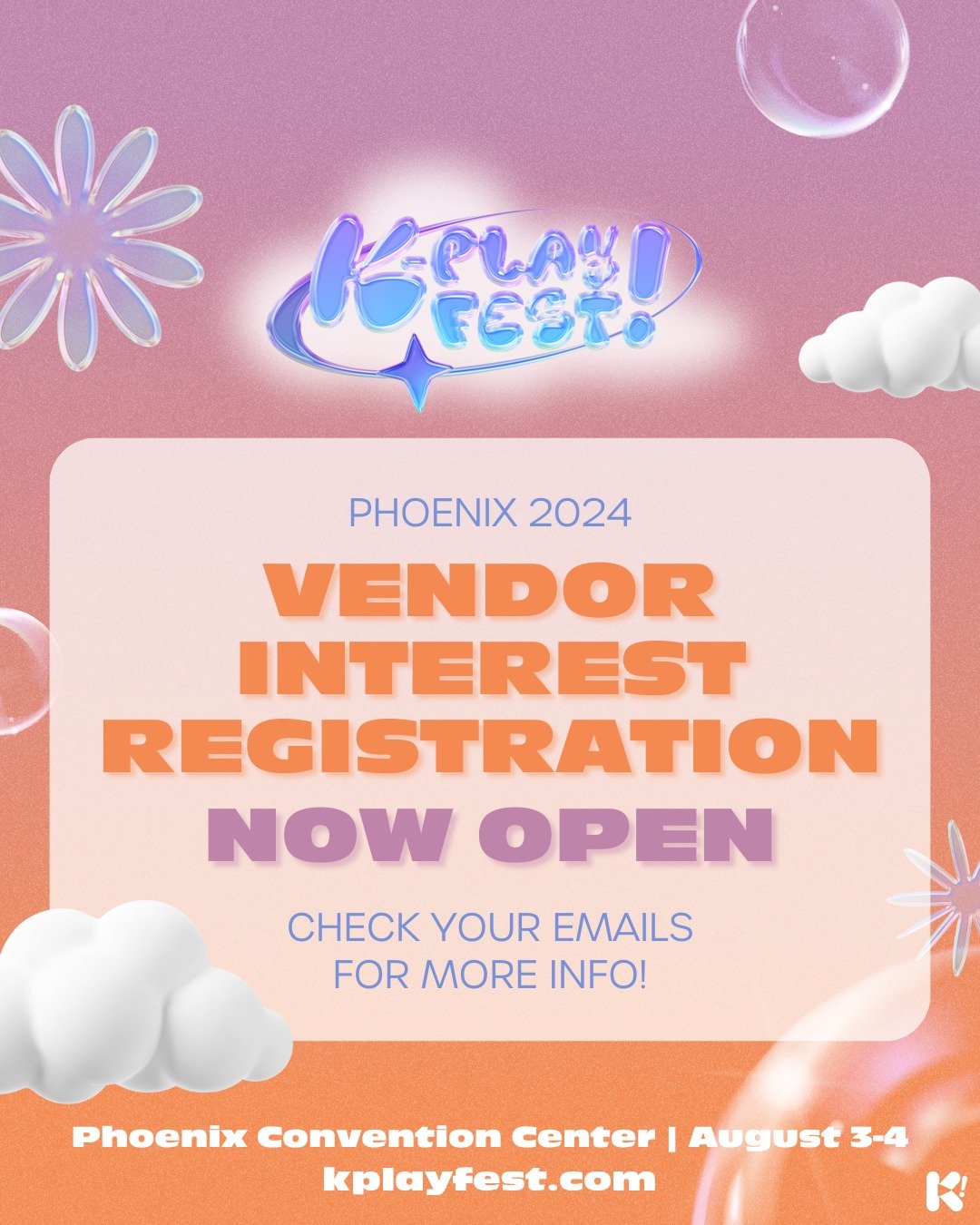 🌻 ATTENTION VENDORS 🌻 Did you previously fill out 🗒️ our vendor interest form? Now&rsquo;s the time to SECURE 🔐 your spot at #kplayfestphoenix2024 ❣️ We can&rsquo;t wait to see 👀 you all at K-PLAY! FEST PHX! 🏜️ 

⭐️ Visit kplayfest.com for more
