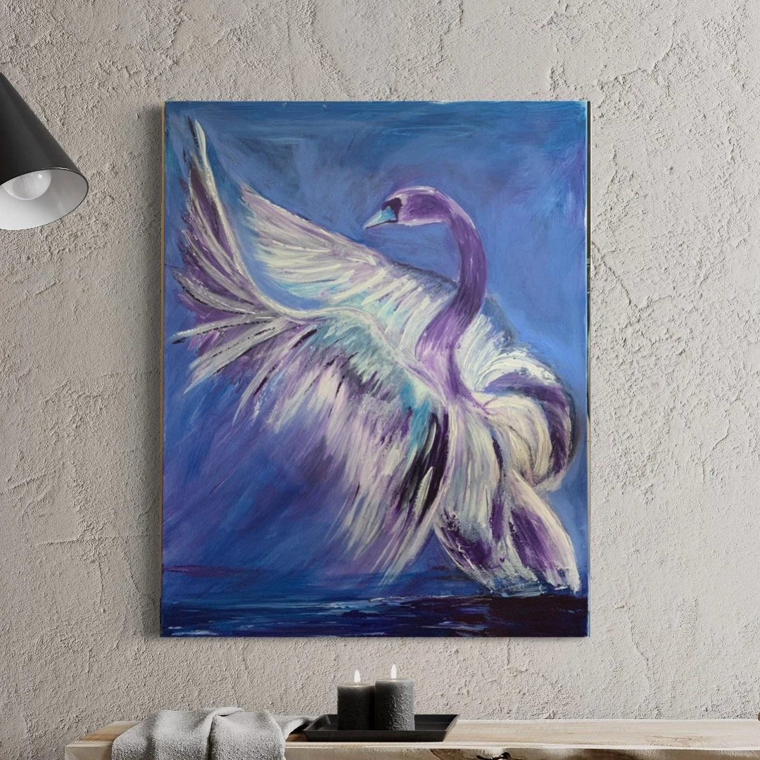 Abstract painting of swan in blues and white large canvas original painting one of kind for sale