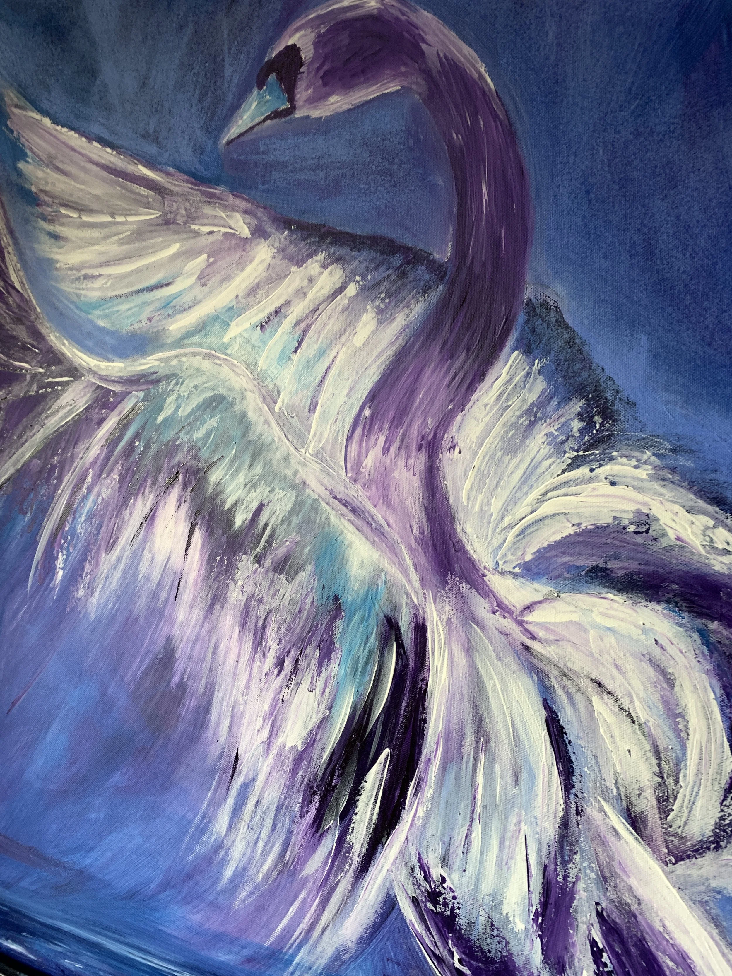 painting of a swan in blue and white strokes with chalk details