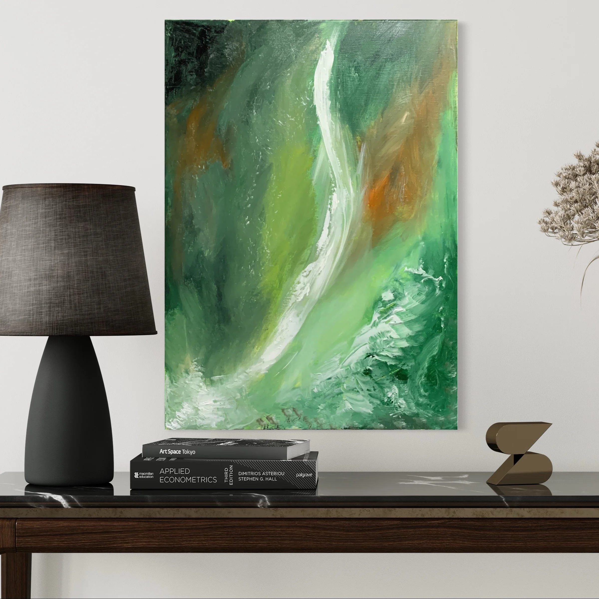 Green abstract original painting by artist Gino Parisi which was commissioned 