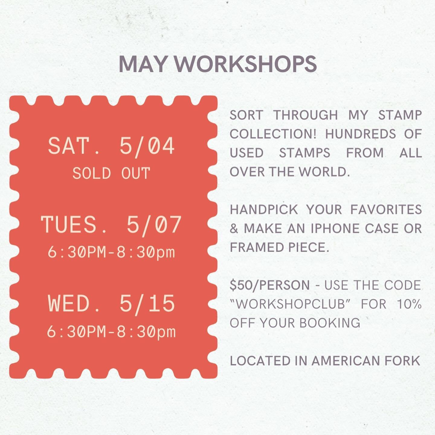 new dates are live!🫶🏼 May deals: use &ldquo;WORKSHOPCLUB&rdquo; at checkout for 10% off your booking! [May workshops only] see you there!!!