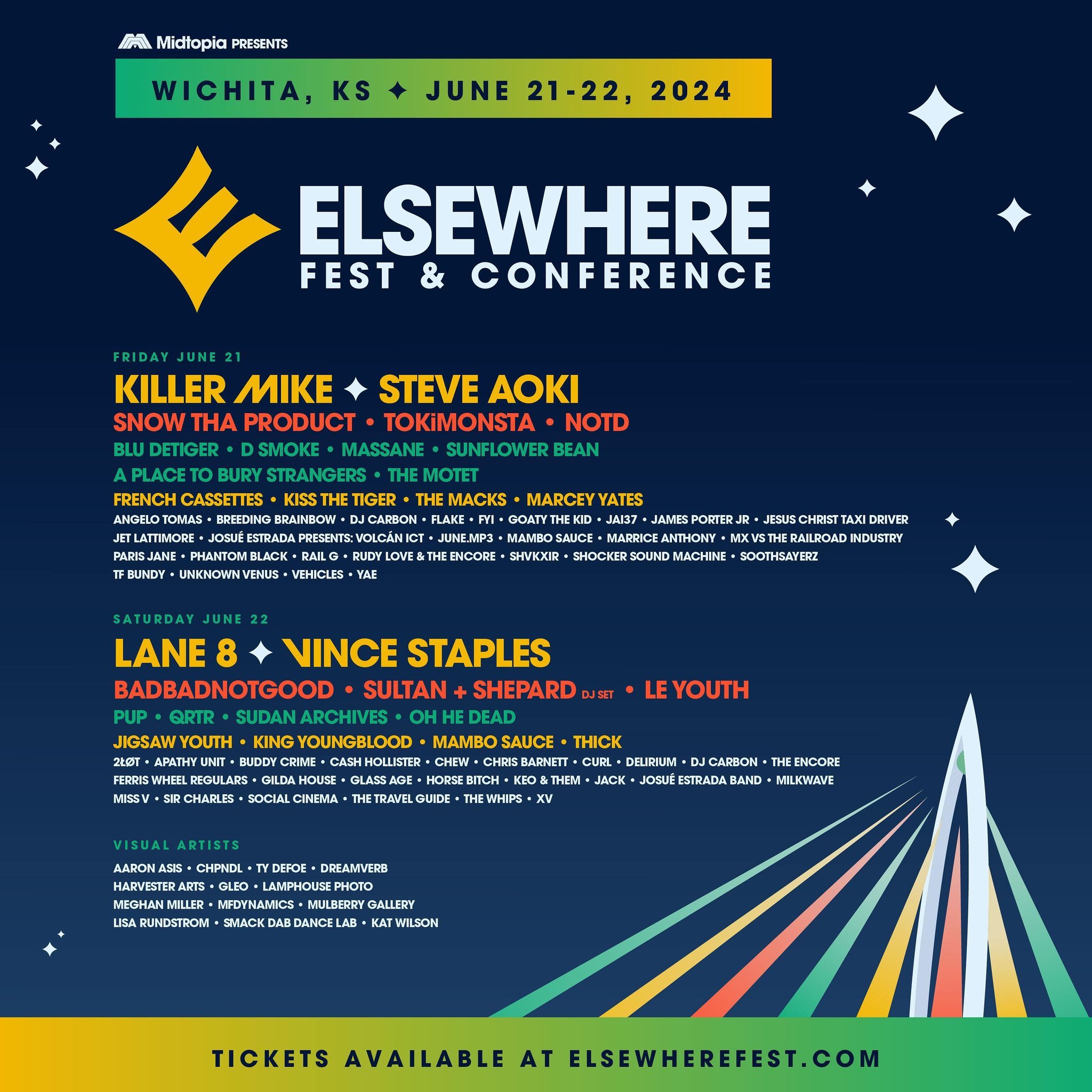 Wichita!! Beyond excited to join you for @elsewherefest with this insane lineup of musicians on June 21. Tickets on sale this Friday at 10am CST ✨ In the meantime, we&rsquo;ll be kicking it in the northeast for the next two weeks, starting tonight in