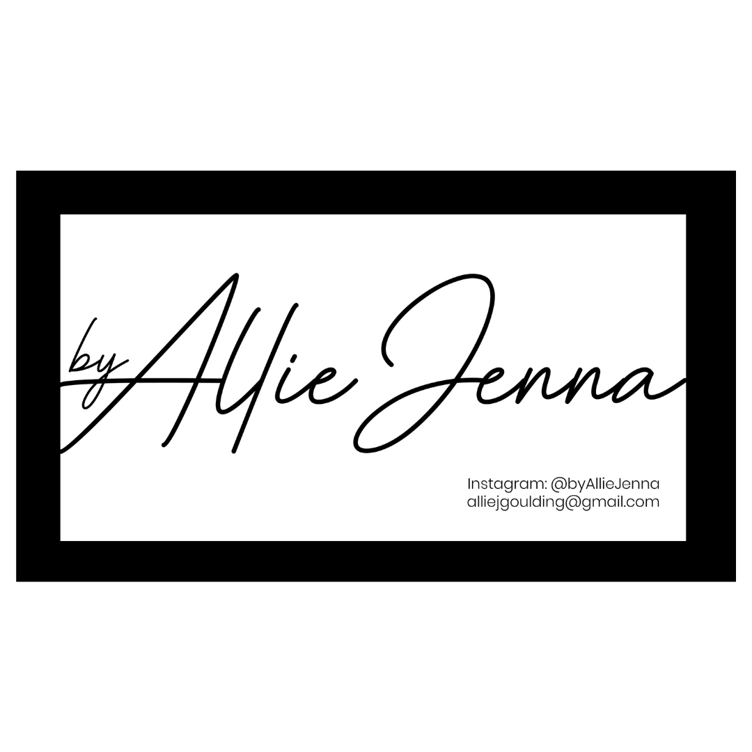 "By Allie Jenna" text logo with contact info including Instagram handle @byAllieJenna and email alliejgoulding@gmail.com, framed by a black border.
