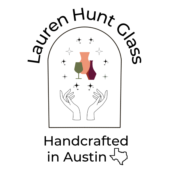 Logo for Lauren Hunt Glass, featuring stylized hands holding colored glass vessels and the text 'Handcrafted in Austin' with a Texas outline.