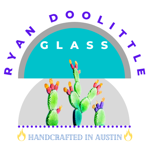 Logo for Ryan Doolittle Glass featuring colorful cacti illustration and text "Handcrafted in Austin."