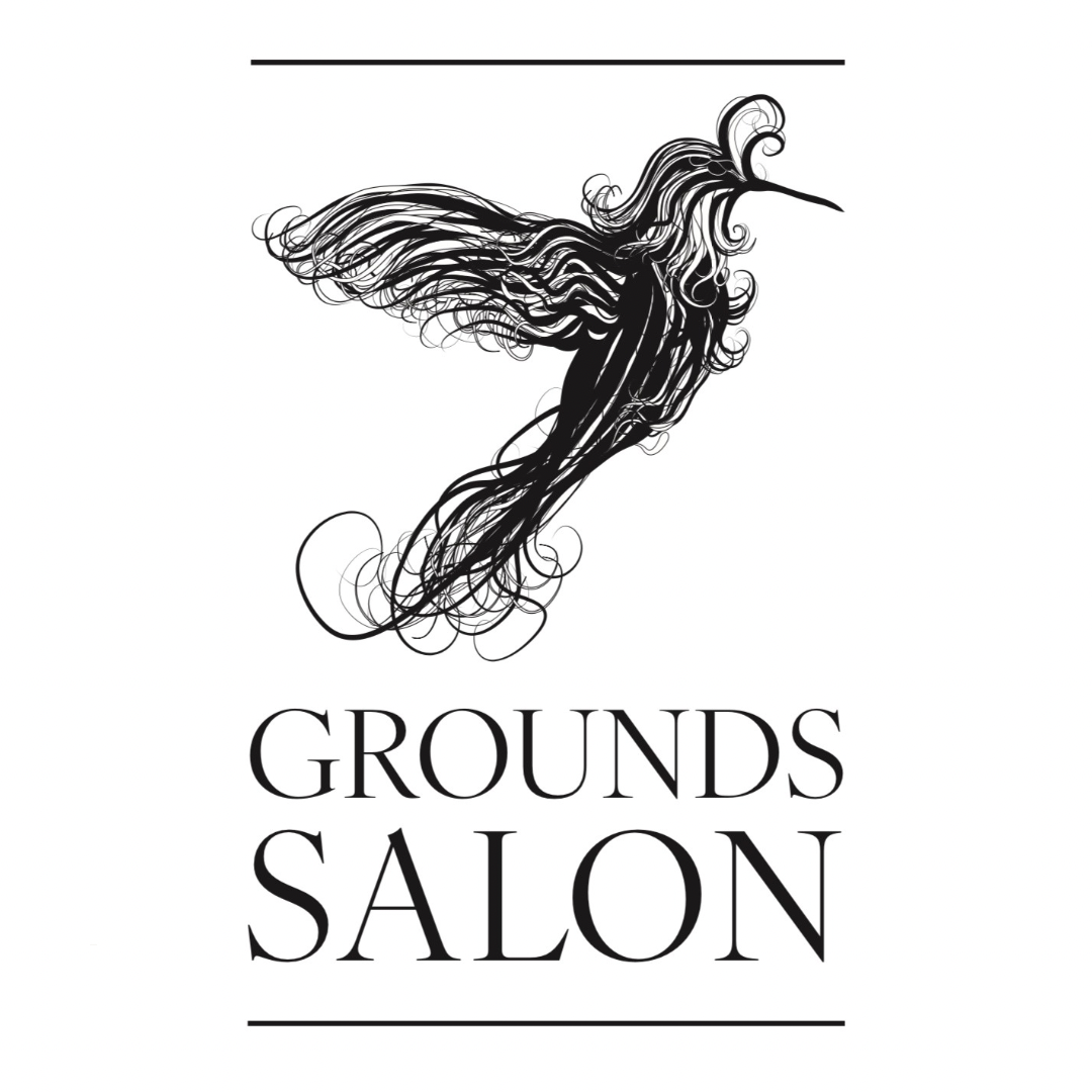 Illustrated hummingbird with flowing lines above the text 'Grounds Salon'. Black and white design.