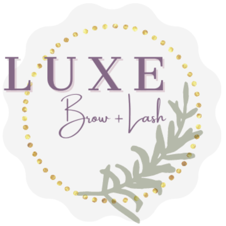 Logo for Luxe Brow + Lash with gold dots and leaf design