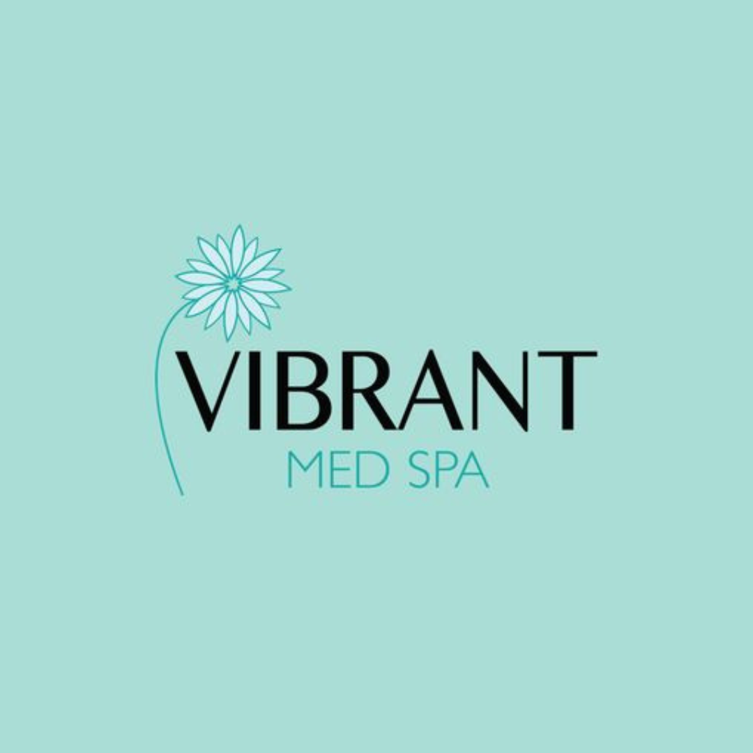 Logo with a stylized flower and the text 'Vibrant Med Spa' on a teal background.