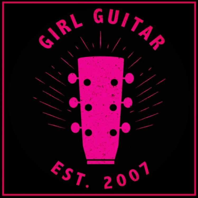 Pink guitar headstock illustration with the text 'Girl Guitar Est. 2007' on a black background.