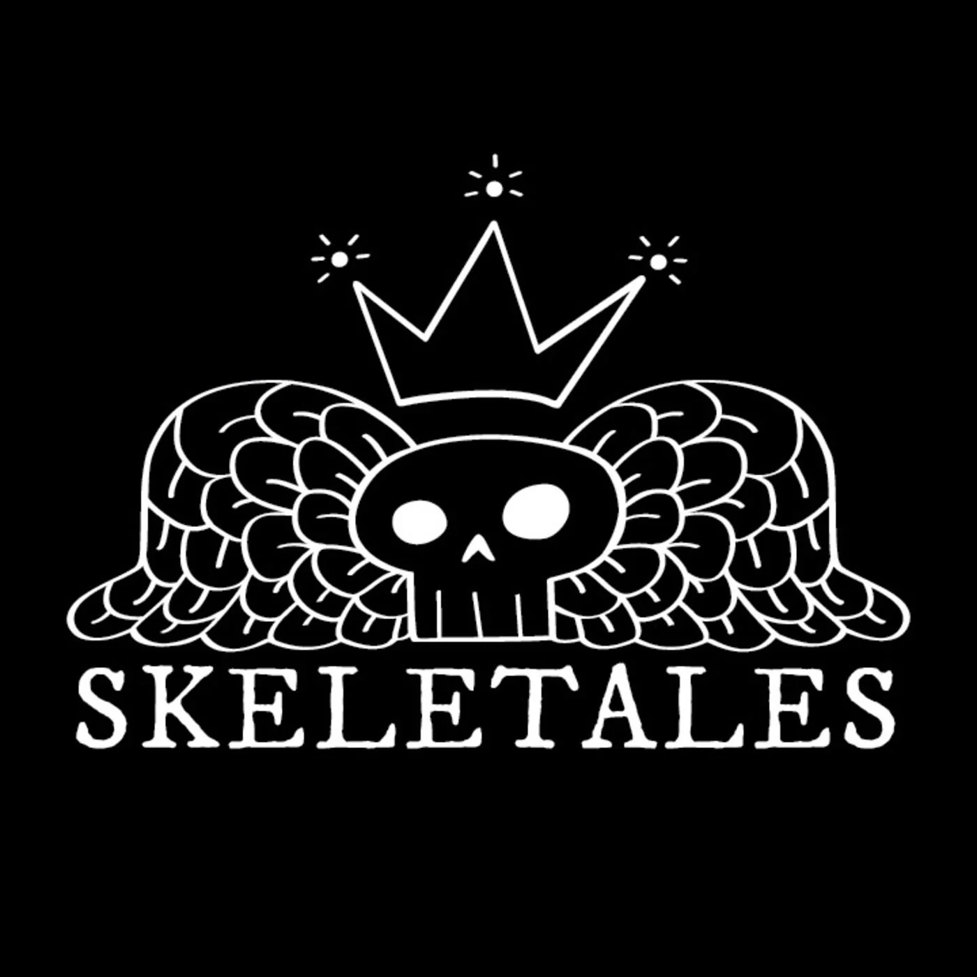 Logo with a skull with wings and crown on a black background, text reads "SKELETALES."