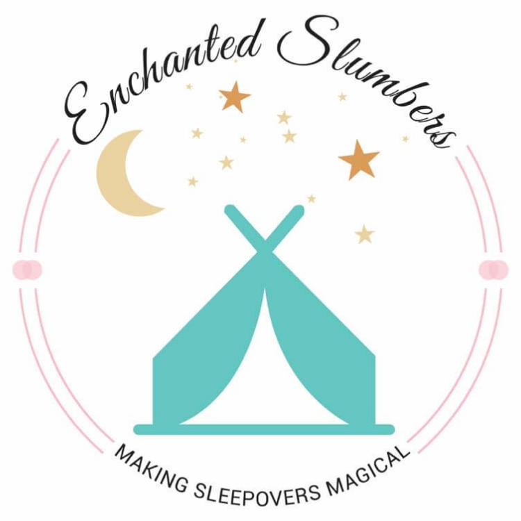 Logo with text "Enchanted Slumbers," featuring a crescent moon, stars, and a tent illustration, with tagline "Making Sleepovers Magical."