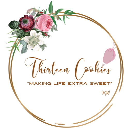 Logo for Thirteen Cookies featuring floral accents and the tagline "Making Life Extra Sweet."