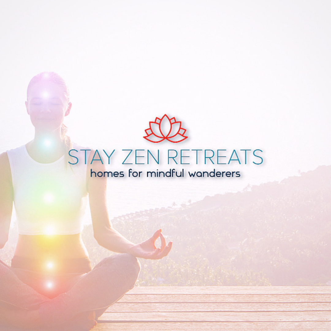 Person meditating with chakras illuminated, overlaid with "Stay Zen Retreats" logo and "homes for mindful wanderers" tagline.