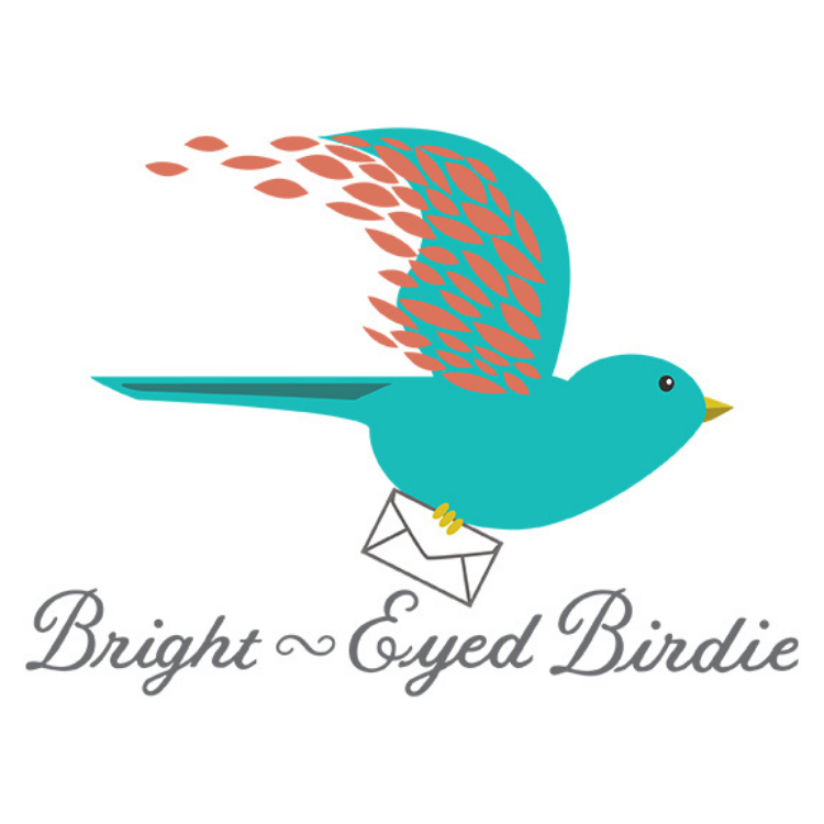 Illustration of a turquoise bird with red-tinted wings carrying a white envelope, the text "Bright Eyed Birdie" below.