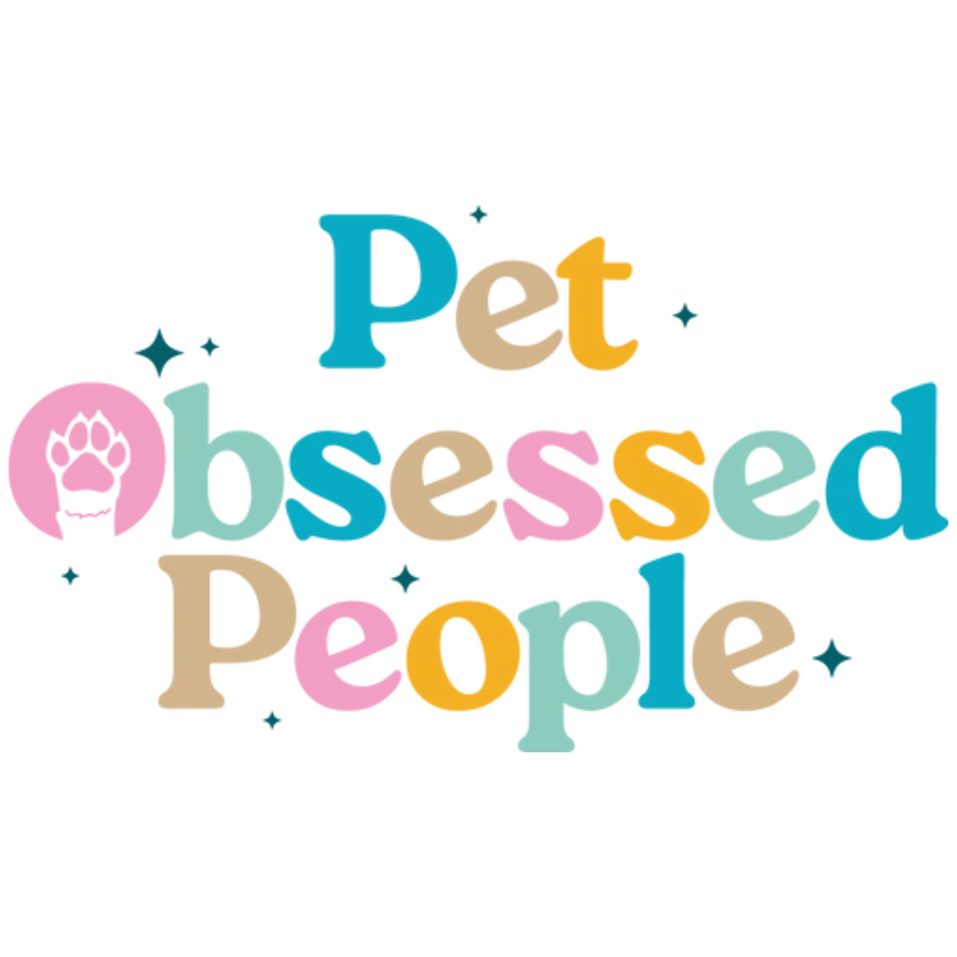 "Pet Obsessed People" colorful text logo with a paw print design on the letter 'O'. Bright colors and decorative elements.