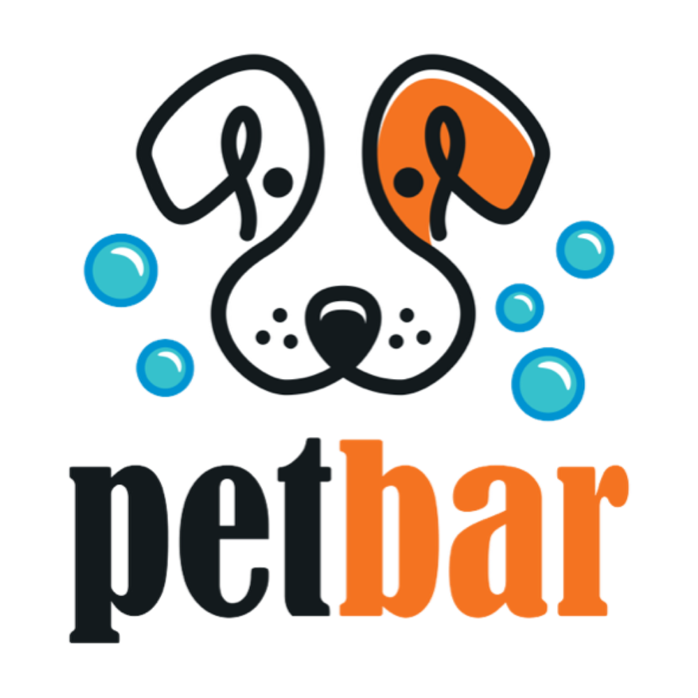 Logo of "Pet Bar" featuring a stylized dog face with orange and black markings, surrounded by blue bubbles.