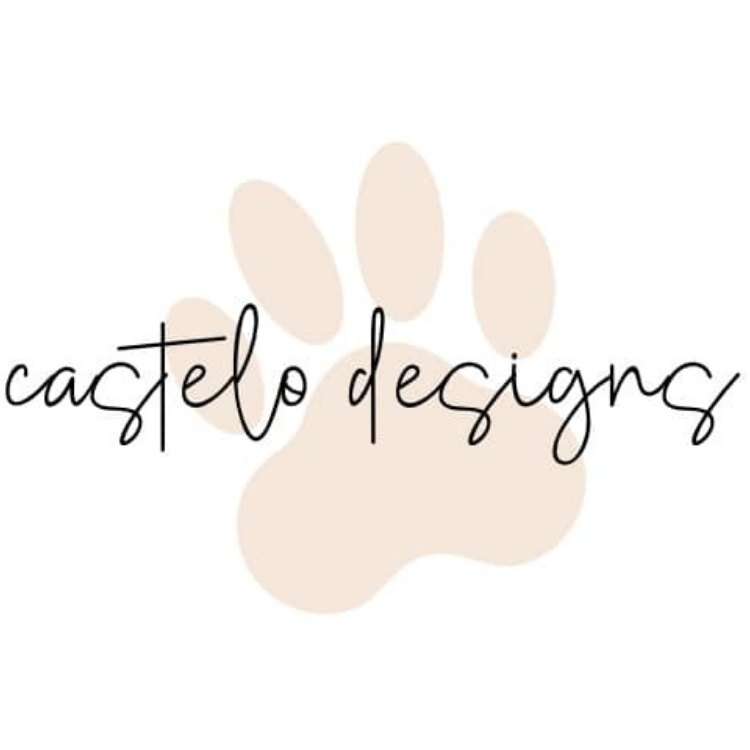 Logo with text 'castelo designs' in cursive over a beige paw print on a white background.