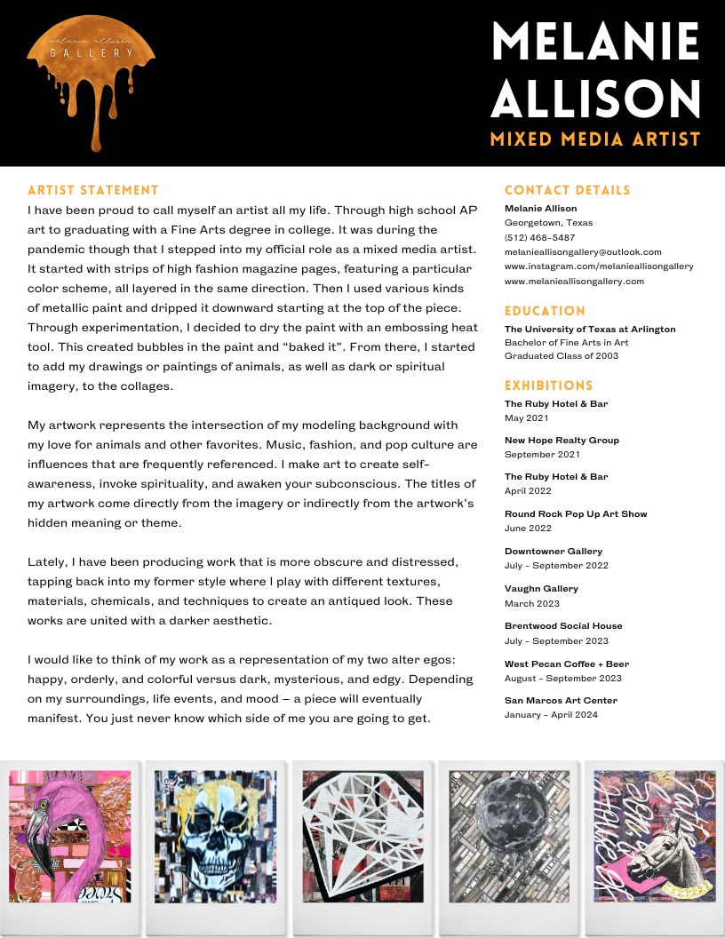Gallery website featuring Melanie Allison, a mixed media artist, with a detailed artist statement and contact details. Displayed are five artworks including a flamingo, a skull, geometric patterns, a moon, and a pop art style portrait.